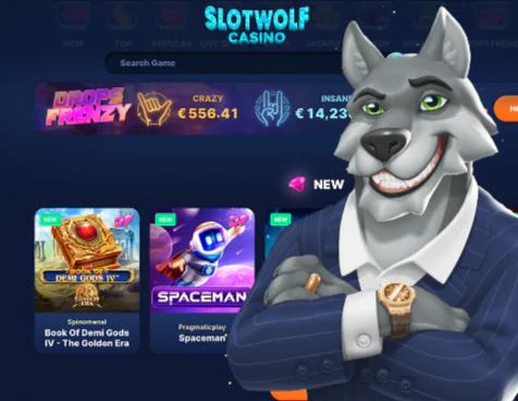 A screenshot of the Slotwolf Casino website, showcasing various game thumbnails and the user-friendly interface.